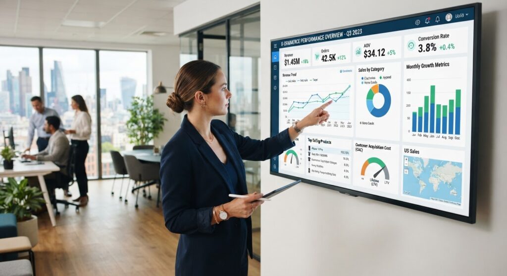 Infográfico e painel mostrando como planejar metas para empresa no e-commerce